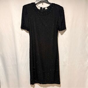 Vintage Black Silk Beaded Sequin Dress Goth Holiday Party Dress Size Medium